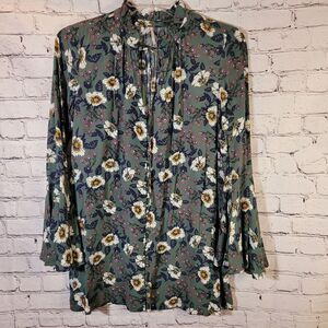 Free‎ People, Boho Green Floral Blouse, XS (oversized)